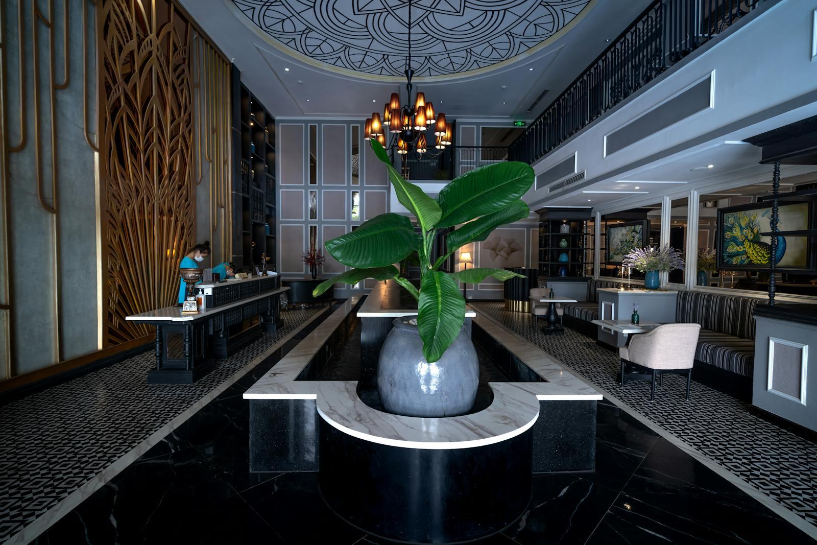 Hotel reception desk with modern interior design